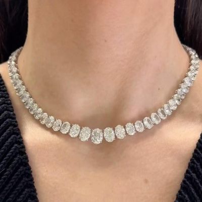 60ctw Oval Cut White Sapphire Handmade Rivière Necklace