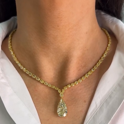 42ctw Pear Cut Pendant & Oval Cut Chain Yellow Sapphire Handmade Necklace