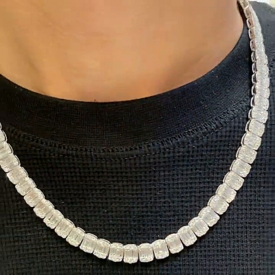 40ctw Baguette Cut White Sapphire Handmade Men's Tennis Necklace