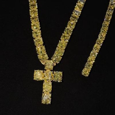 30ct cushion cut yellow diamond cross sterling silver plated gold handmade necklace