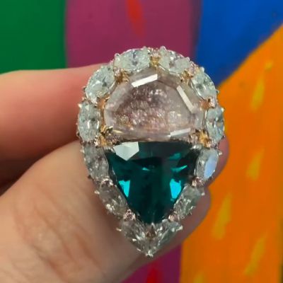 6.8ct Portrait Cut Emerald With Natural Pink Sapphire Vintage Engagement Ring