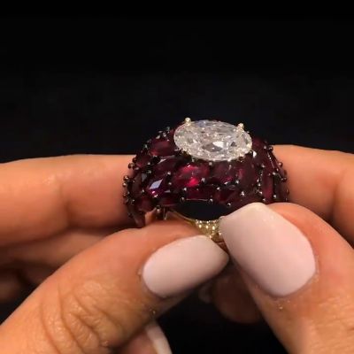 5ct Oval Cut With A Dome of Marquise Cut Rubies Cocktail Ring