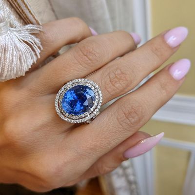 9ct Oval Cut Sapphire Double Halo Engagement Ring