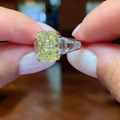 5ct Emerald Cut Yellow Sapphire With Geometric Trapeze Side Diamonds Two Tone Engagement Ring