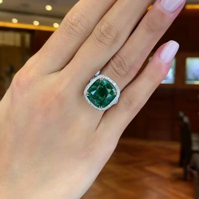 9ct Cushion Cut Emerald Halo Paved Engagement Ring