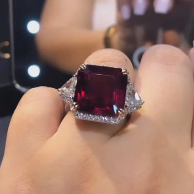 7ct Asscher Cut Ruby Halo Three Stone Paved Yellow Gold Prong Ring