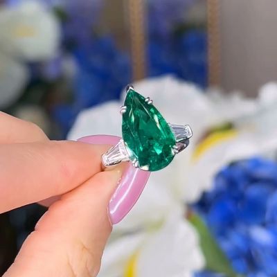 6ct Pear Cut Emerald Three Stone Engagement Ring