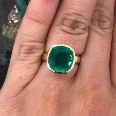 8.4ct Cushion Cut Emerald Handmade Engagement Ring in Yellow Gold