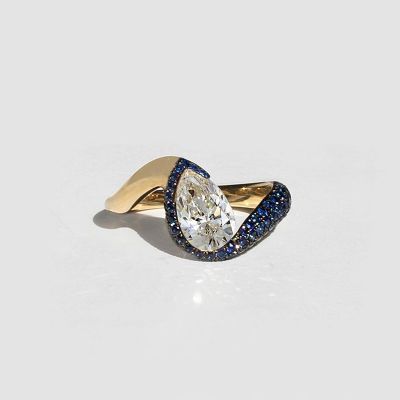 4ct Pear Cut Paved Blue Sapphires Engagement Ring in Yellow Gold