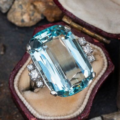 23ct Cushion Cut Aquamarine Vintage Handmade Cocktail Ring