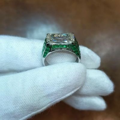 3.58ct Emerald Cut White Sapphire Paved Emeralds Handmade Engagement Ring