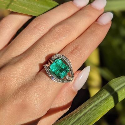 4.86ct Emerald Cut Green Emerald Art Design Handmade Ring