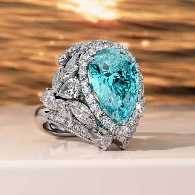 7ct Pear Cut Paraiba Tourmaline White Sapphire Halo Pave Handmade Ring