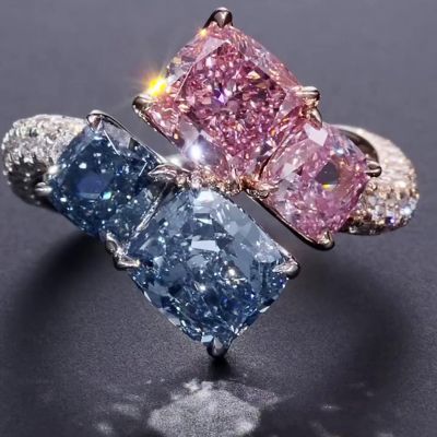 6ct Cushion Cut Blue and Pink Sapphire Pave Setting Toi Et Moi Engagement Ring