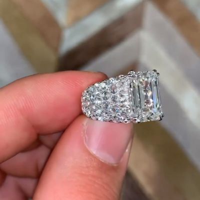5ct Emerald Cut White Saphhire Pave Brilliant Handmade Sterling Silver Engagment Ring