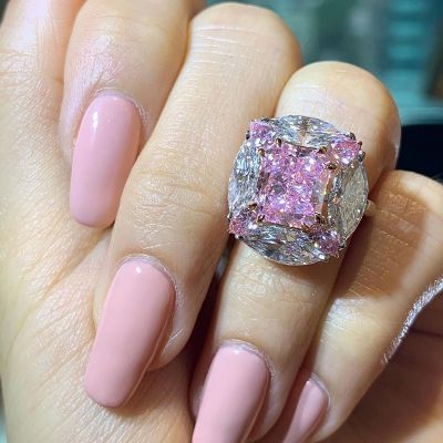 4ct Radiant Cut Pink Sapphire With Surrounding Marquise White Sapphires Engagement Ring