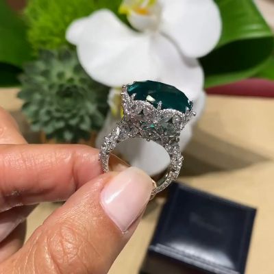 15ct Cushion Cut Emerald Paved Flower Handmade Sterling Silver Ring