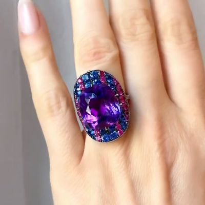 6ct Cushion Cut Amethyst Surrounded By Round Sapphires Rubies And White Sapphires Bonnet Ring