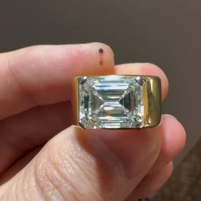 5.1ct Emerald Cut White Sapphire Modern Handmade Ring In Yellow Gold