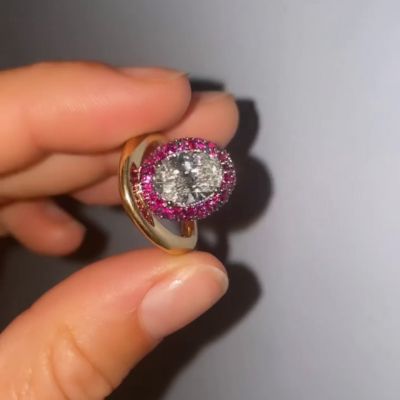 3.49ct Oval Cut White Sapphire With Pink Sapphire Halo Handmade Engagement Ring In Yellow Gold