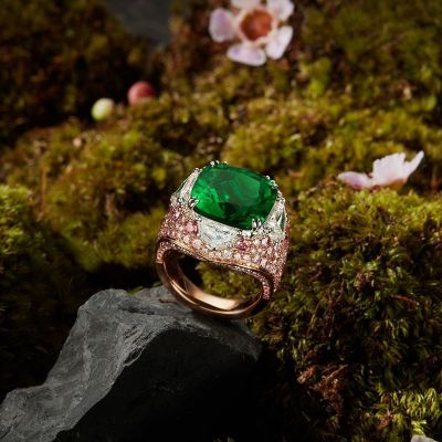 9.2ct Cushion Cut Emerald Paved Royal Handmade Sterling Silver Ring In Rose Gold
