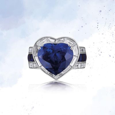 3.5ct Heart Cut Blue Sapphire With Baguette Diamonds Handmade Ring