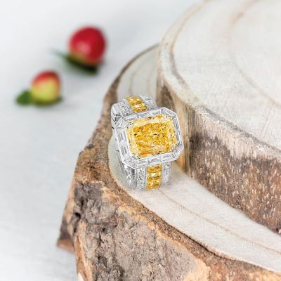 4.5ct Radiant Cut Fancy Yellow Sapphire With Baguette Diamonds Handmade Ring