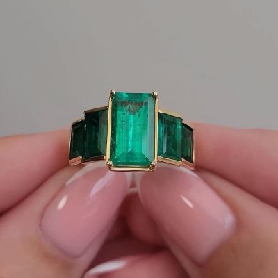 5.6ct Baguette Cut Emerald Yellow Gold Handmade Engagement Ring