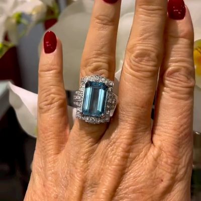 10.5ct Emerald Cut Aquamarine Art Deco Vintage Handmade Engagement Ring