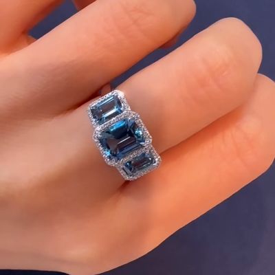3.5ctw Emerald Cut Aquamarine Halo Handmade Three-Stone Engagement Ring