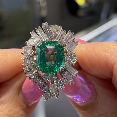 4.5ct Asscher Cut Emerald Cluster Vintage Cocktail Ring