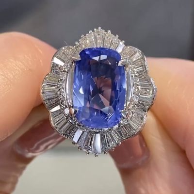 5ct Cushion Cut Blue Sapphire Halo Ballerina Cocktail Ring