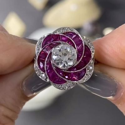 1.5ct Round Cut White Sapphire Ruby Rose Flower Spiral Cocktail Engagement Ring