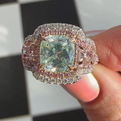 3.53ct Cushion Cut Natural Green Sapphire Pink Sapphire Halo Paved Two Tone Engagement Ring 