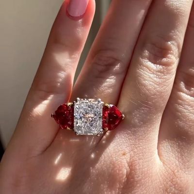 5.4ct  Radiant Cut White Sapphire Flanked By 2 Heart Cut Rubies Three Stone Engagement Ring