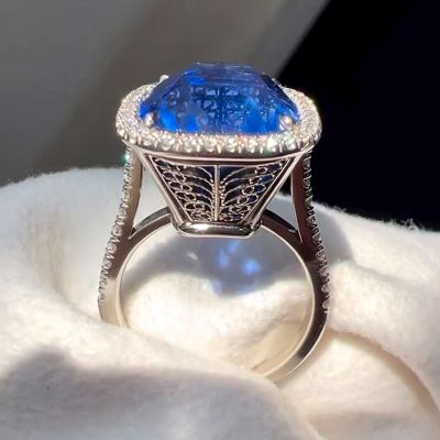 20ct Cushion Cut Blue Sapphire Halo Handmade Vintage Ring