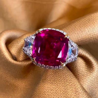 7ct Cushion Cut Ruby Flanked By 1.8ct White Sapphire Halo Handmade Two Tone Ring