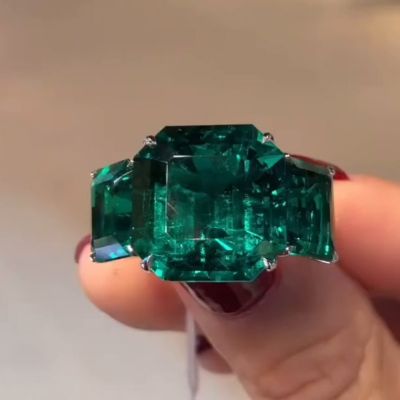 13ctw Asscher And Emerald Cut Emerald Three Stone Handmade Engagement Ring