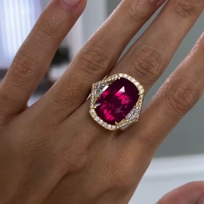 10ct Cushion Cut Ruby Halo Paved Vintage Yellow Gold Handmade Ring