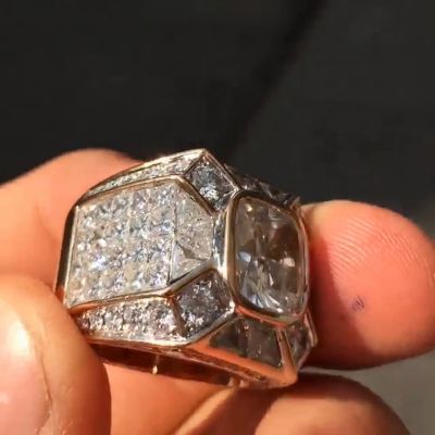 4.5ct Cushion Cut White Sapphire With Round & Trillion Cut Pave Setting Men's Ring In Yellow Gold