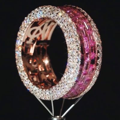8.9ct Baguette Cut Pink Sapphire With Round Cut White Sapphire Pave Setting Men's Eternity Band In Rose Gold