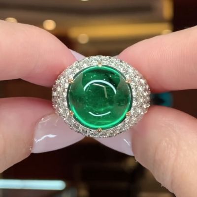 13.5ct Cabochon Emerald With Round White Sapphires Setting Engagement Ring