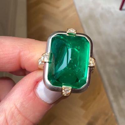 13ct Sugarloaf Emerald Set Within Yellow Gold Prongs Handmade Two-Tone Ring