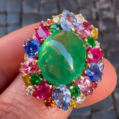 10ct Oval Cabochon Emerald With A Multicolor Sapphire Surround Spring Flower Handmade Yellow Gold Ring