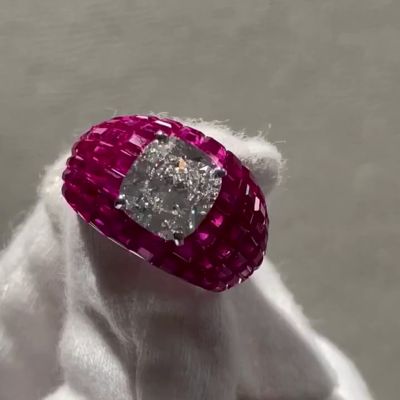 5ct Cushion Cut White Sapphire Set into Ruby Dome Handmade Engagement Ring