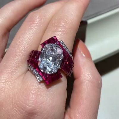 5ct Cushion Cut White Sapphire With Ruby Setting Handmade Engagement Ring