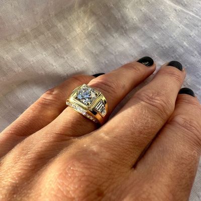 3.6ct Round Cut White Sapphire Flanked By Step Cut Baguettes Vintage Yellow Gold Engagement Ring