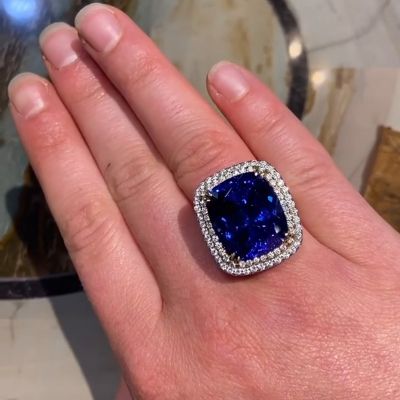 22ct Cushion Cut Blue Sapphire Double Halo Handmade Engagement Ring