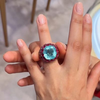 12ct Cushion Cut Paraiba Tourmaline & Round Cut Rubies Handmade Cocktail Ring