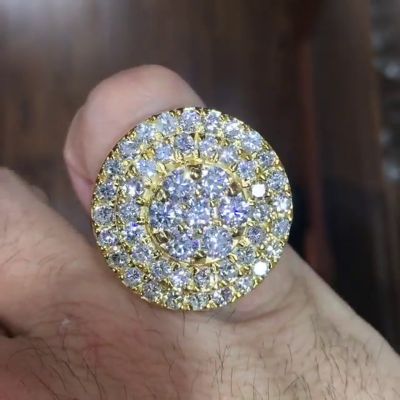 Round Cut White Sapphire Pave Set Yellow Gold Handmade Men's Ring